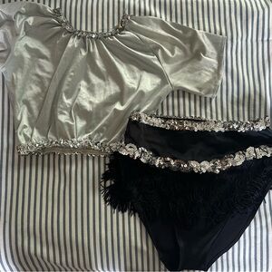 Silver and Black Dance Costume with Rhinestone Trim